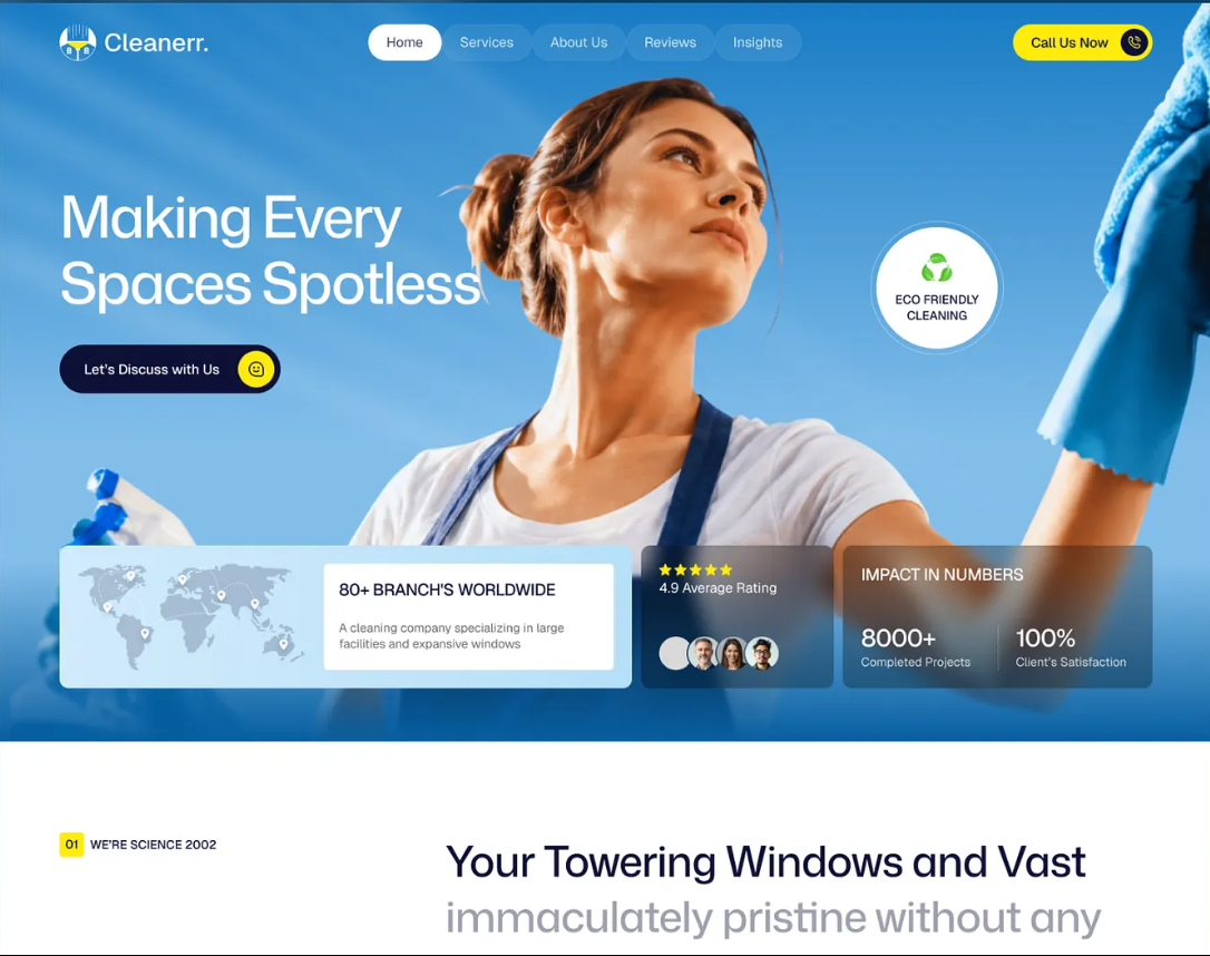 Cleanerr cleaning agency website with a bright blue hero and cleaning professional