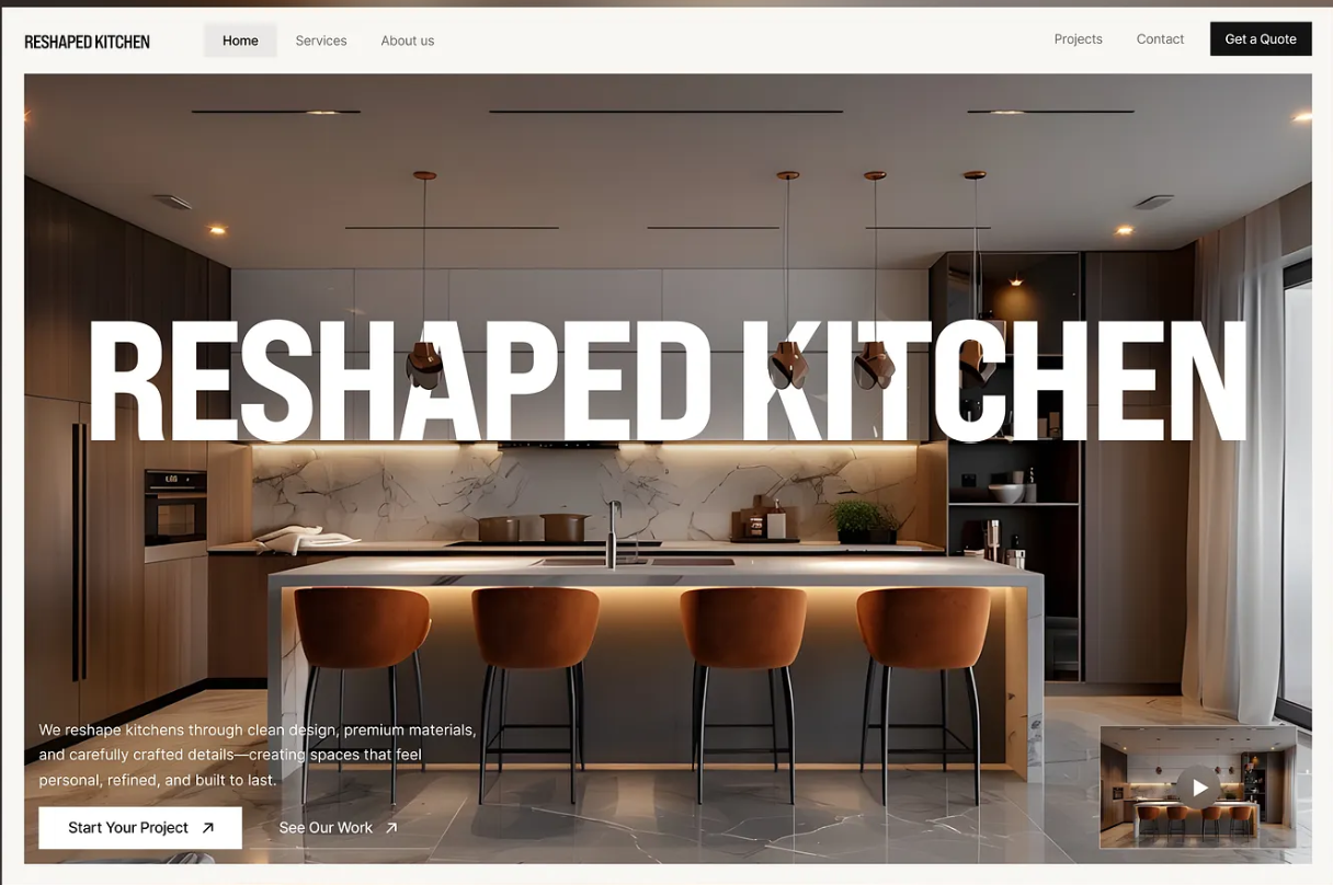 Reshaped Kitchen renovation website with a warm contemporary kitchen hero