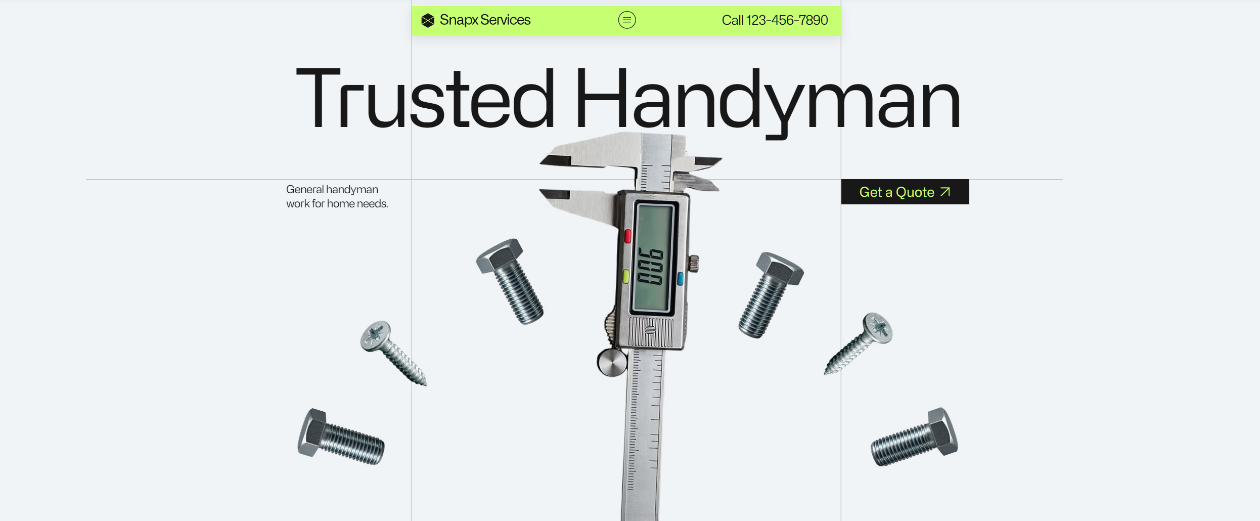 Snapx Services handyman website with a light background, lime-green navigation, floating hardware and a digital caliper